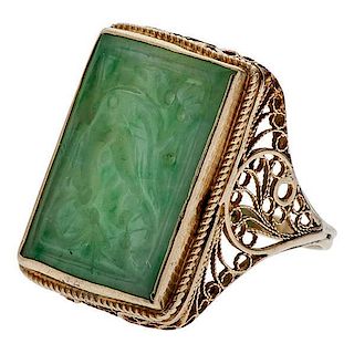 Jade Ring with Cannetille in 14 Karat 