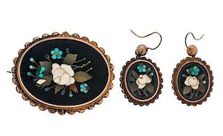 Pietra Dura Demi-Parure Brooch and Earrings Ca 1850 