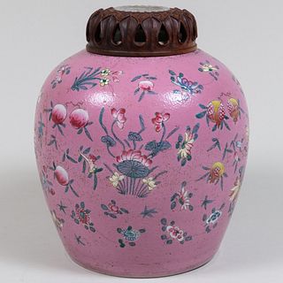 Chinese Pink Ground Ginger Jar with a Jade Inset Carved Wood Cover
