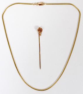 14KT GOLD TIE PIN AND CHAIN, 2 PCS.