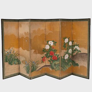 Japanese Six Panel Screen with Sparrows and Peonies