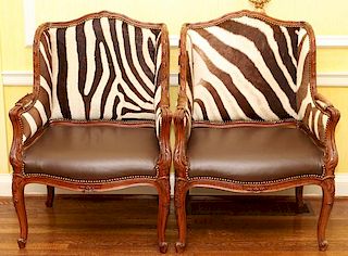 FRENCH CARVED WALNUT ARM CHAIRS PAIR
