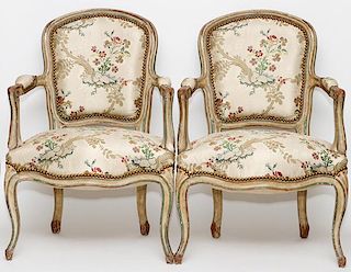 FRENCH LOUIS XV STYLE GLAZED OPEN ARM CHAIRS PAIR