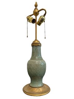 Early 20th C. French Bronze and Ceramic Lamp 