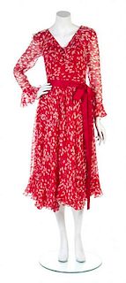 * An Adele Simpson Red and White Hearts Chiffon Print Dress, Size 4.