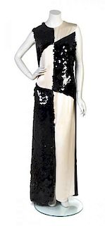 An Angel Sanchez Ivory and Black Satin Gown, Size 12.