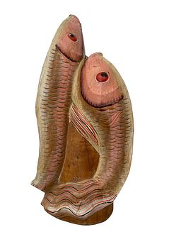 Mid Century Wood Carved Koi Fish Sculpture