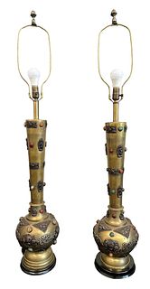Mid Century Jeweled & Brass Table Lamps, Pair