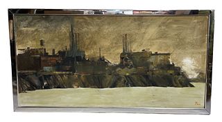 Signed Dated Art Nouveau Inspired Industrial Port Landscape Painting 