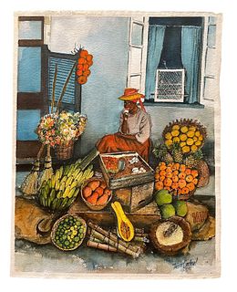 Signed TREVOR CARDINAL Mid Century Portrait of Fruit Merchant