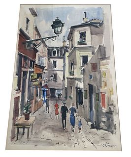 Signed Mid Century European Street Scene Watercolor signed CHAQUET 