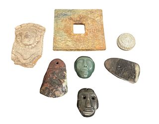 Assorted Asian Carved Stone Masks and Amulet