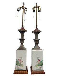 Pair Chinese Porcelain and Bronze Table Lamps 
