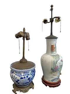 Two Asian Porcelain Desk Lamps 