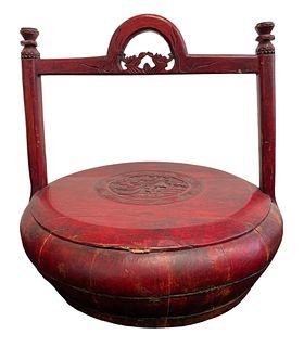Antique Chinese Red Lacquer Storage Basket 