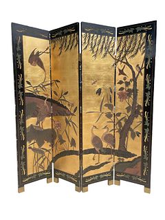 Asian Four Panel Chinoiserie Double Sided Dressing Screen 