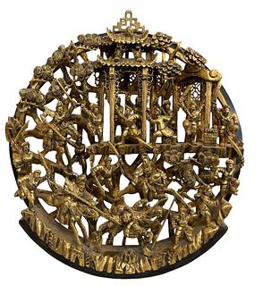 Chinese Gold Gilt Wood Carved Round Wall Hanging 
