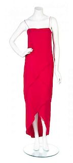 * A Bill Blass Red Chiffon Gown, Size 8.