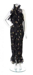 * A Bill Blass Black Floral Chiffon Print Gown,