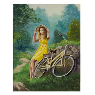 Taras Sidan, "Woman Riding Bicycle in Park" Hand Signed Limited Edition Giclee on Canvas with Letter of Authenticity.