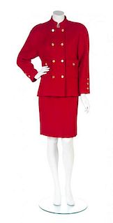 A Chanel Red Boucle Skirt Suit, Size 42.