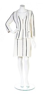 A Chanel White and Navy Pinstripe Crochet Skirt Suit, Skirt size 38.