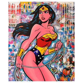 Jozza, "Wonder Woman" Unique Mixed Media on Canvas, Hand Signed with Letter of Authenticity.