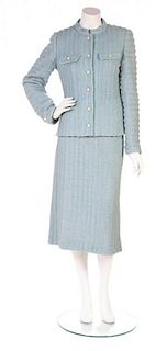 A Courreges Seafoam Blue Wool Boucle Skirt Suit,