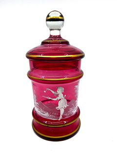 Cranberry Flash Mary Gregory style glass covered jar