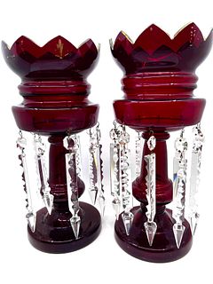 Pair of Ruby Glass Lustres with crystal Prisms