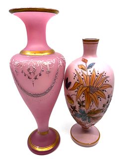 Two Pretty Hand Painted Pink Victorian Vases