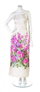 * An Elizabeth Arden Ivory Floral Print Satin Gown,