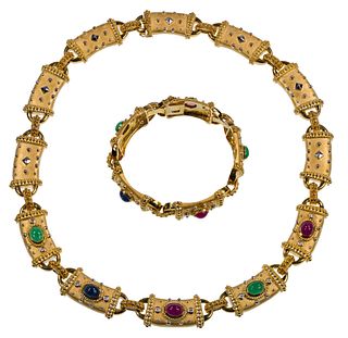 18k White and Yellow Gold, Emerald, Ruby, Sapphire and Diamond Necklace and Bracelet