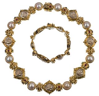 14k Yellow Gold, Mabe Pearl, Emerald, Ruby and Sapphire Necklace and Bracelet