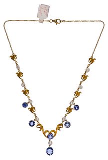 14k Yellow Gold, Pearl and Sapphire Necklace
