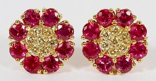 2.16CT RUBY AND DIAMOND CLUSTER EARRINGS PAIR