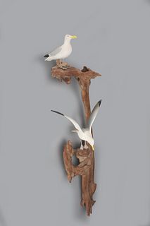 One-Third-Size Gull Pair on Driftwood by Wendell Gilley (1904-1983)