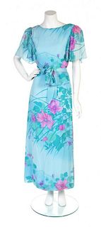 * A Hanae Mori Turquoise Floral Print Silk Chiffon Dress, Size 8.