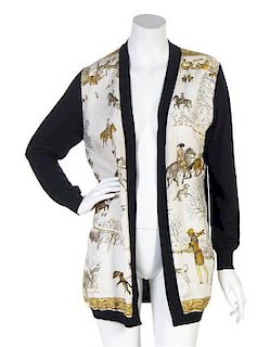 An Hermes Navy Wool and Silk Print Cardigan,