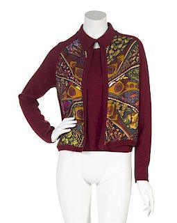 * An Hermes Burgundy Cashmere and Silk Print Twinset, Size M.