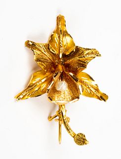 18K Gold and Pearl Orchid Brooch