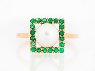 Designer Kelly Bello 14K Gold, Pearl and Emerald Ring