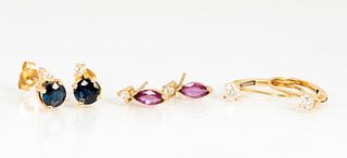 Three Pairs 14K Gold, Diamond, Ruby and Sapphire Earrings