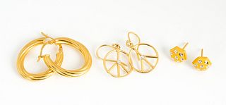 Three Pairs of Earrings in 24K, 18K and 14K Gold