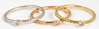 Set of Three Diamond Tri Color 14K Gold Stacking Bands