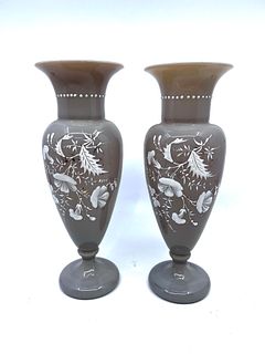 Pair of Glass vases hand painted with white flowers