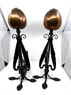 Pair of Copper and iron tulip shaped fire dogs