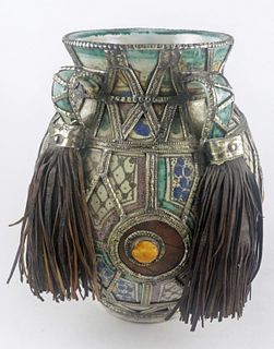 Antique Moroccan Fez Vase with Leather Tassels