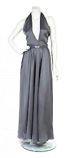 * A Mollie Parnis Slate Gray Satin Halter Gown,