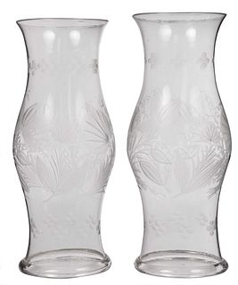 Pair of Large Engraved Glass Hurricanes